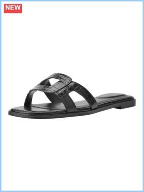 Square Toe Faux Leather Flat Slide Sandals Single Strap Casual
